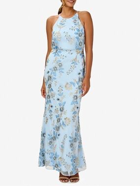 Adrianna Papell Light Blue and Gold Floral Halter Maxi Dress - Size 14